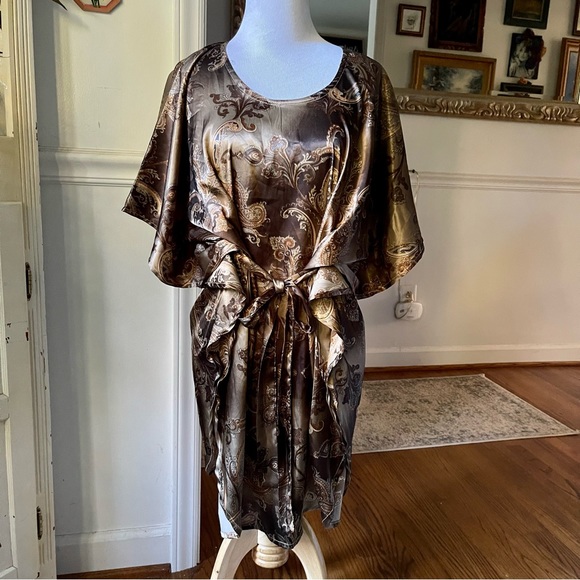 Vintage Gold 60s 70s silky Paisley Kaftan Mini butterfly Dress Angel Sleeves - Picture 3 of 16